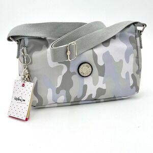 Kipling Grey Camo Nylon Crossbody Bag with Monkey Keychain New